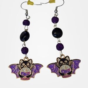 Vampire Bat/Cat Earrings W/Black Onyx & Purple Lava Beads Hypoallergenic NWOT